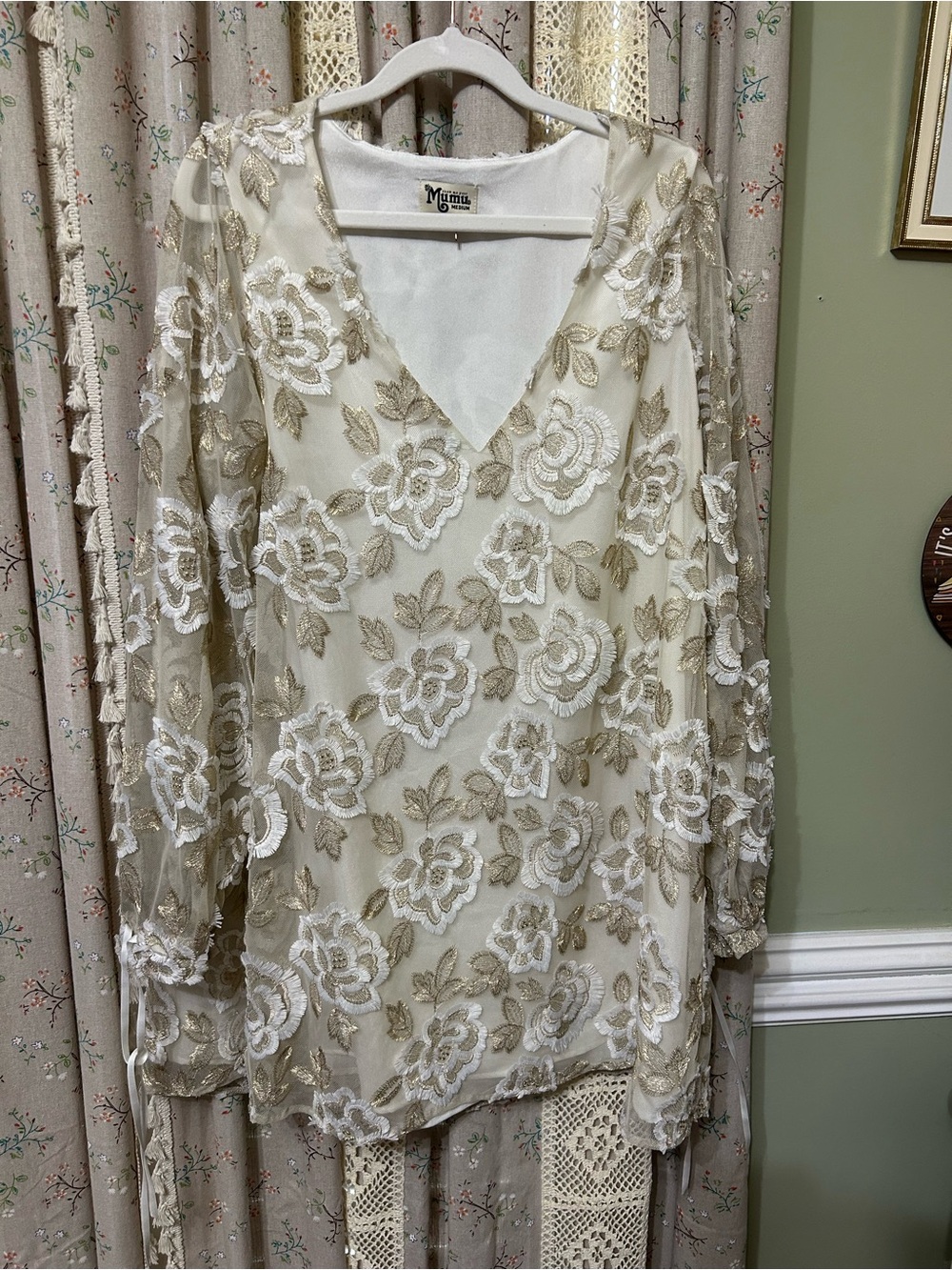 Show Me Your Mumu Webster Mini Dress Ivory Gold Floral Embroidered Med NWT
